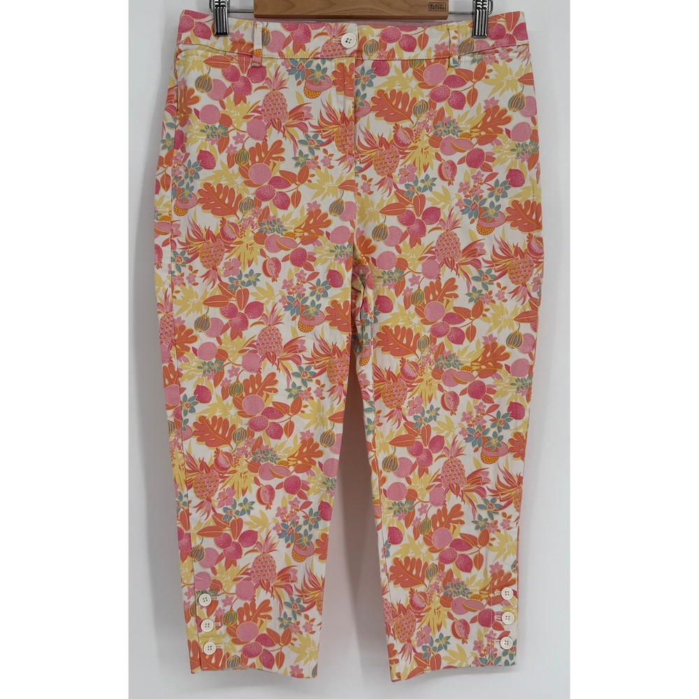Talbots Perfect Crop Pants Womens Pink Orange Tropical Pineapple Print Sz 10p
